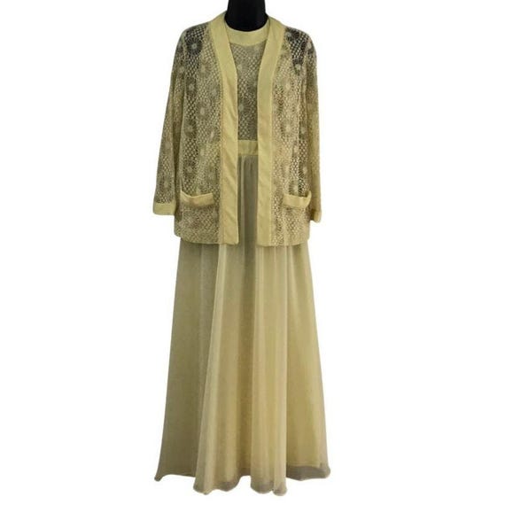 Vintage Two Piece Yellow Lace Maxi Halter Dress and Jacket Small/Med