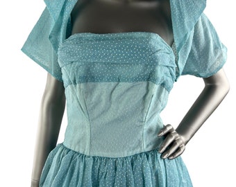 Vintage 1950s Baby Blue Strapless Gown with White Swiss Dots and Matching Bolero Shrug Small