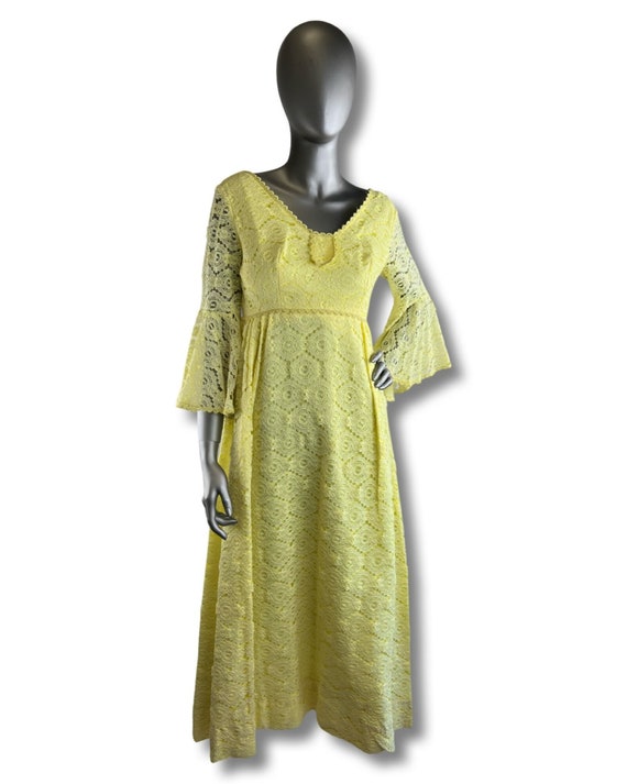 Vintage Yellow Boho Lace Maxi Dress With Bell Sle… - image 1