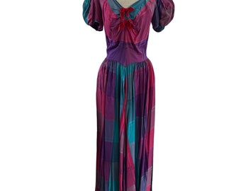 1930s Color Block Pink, Teal, Purple Day Dress Size Small