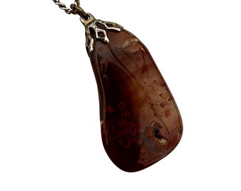 Blood Agate Gemstone Pendant on Silver Chain