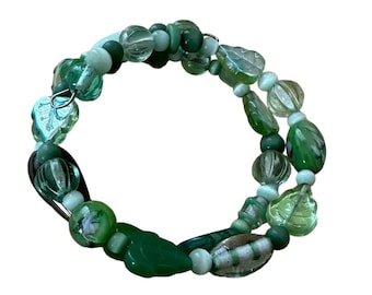 Green Glass Leaf Beads Wrap Bracelet