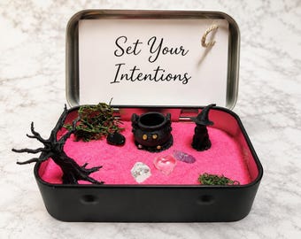 Mini Zen Garden Tin, Witchy Intentions Kit, Cauldron Decor, Goth Self Care Travel Zen