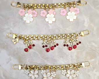 Cadena para bolso, dije de lazo dorado para bolso, accesorio de flor para bolso, linda decoración kawaii para bolso, llavero de cereza para mochila