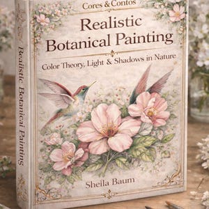May include: A hardcover book titled "Realistic Botanical Painting" by Sheila Baum. The cover features a hummingbird, pink flowers, and the text "Color Theory, Light & Shadows in Nature." The book is on a wooden surface with paintbrushes.