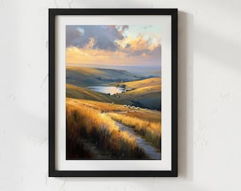 Yorkshire Dales Landscape Art, British Countryside Art Print, Sheep & Lake Artwork, Country Home Decor, Digital Download, Autumn wall decor