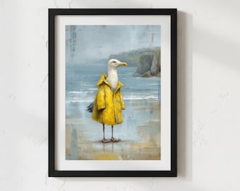 Seagull Wall Art, Digital Download, Funny Seagull Print, Coastal Beach Wall Decor, Seaside Bird Artwork, Yellow Raincoat Art