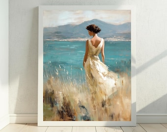 Woman Portrait Wall Art, Digital Download, Woman by the Sea Art Print, Coastal Landscape Wall Decor, Mediterranean Beach Art