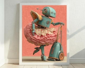 Retro Housework Art, Vintage Cleaning Art Print, Pastel Robot Artwork, Whimsical Household Decor, Digital Download, Vintage Vacuum