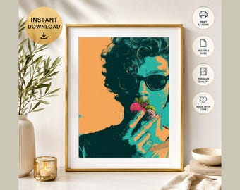 Pop Art Wall Art, Digital Download, Colourful Male Portrait Art, Strawberry Man Artwork, Yellow Wall Decor, Retro Poster Art