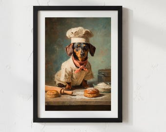 Sausage Dog Art,  Kitchen Wall Art, Funny Dog Chef Art Print, Vintage Kitchen Artwork, Baking Gift Ideas, Digital Download, Food Art