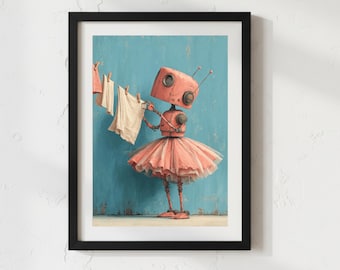 Laundry Wall Art, Retro Pastel Art Print, Funny Household Artwork, Blue Kids Room Art, Whimsical Digital Download, Robot Art, Washing Art