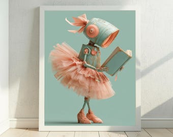 Reading Wall Art, Pastel Book Lover Art Print, Kids Character Art, Whimsical Reading Decor, Robot Reading Art, Digital Download
