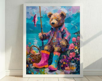 Teddy Bear Art, Fishing Wall Art, Kids Room Art, Fishing Artwork, Funny Bear Painting, Dopamine Decor, Digital Download, Painted texture Art