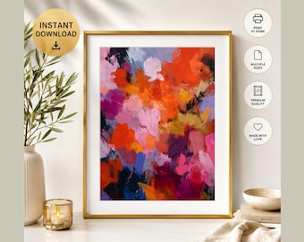 Autumn Abstract Wall Art, Orange Pink Purple Art Print, Modern Fall Artwork, Colourful Leaf Painting, Digital Download