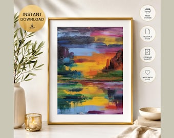 Textured Abstract Landscape Art, Lake and Mountain Wall Art, Colourful Abstract Painting, Modern Nature Artwork, Digital Download