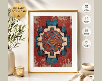 Moroccan Abstract Wall Art, Red Blue Vintage Art Print, Rustic Mosaic Artwork, Boho Mediterranean Decor, Digital Download