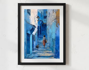 Mediterranean Village Wall Art, Blue Town Art Print, Coastal Travel Artwork, Woman Walking Painting, Moroccan Decor, Digital Download