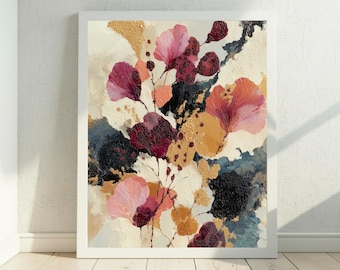 Autumn Floral Wall Art, Watercolour Botanical Print, Gold Leaf Flower Artwork, Fall Decor, Elegant Digital Download