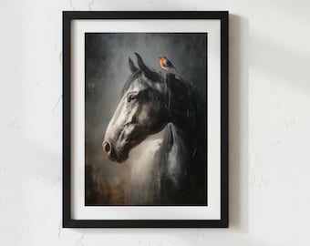 Horse & Robin Wall Art Digital Download, Horse Head Art Print, Equestrian Wall Decor, Horse Artwork, Fine Art Print, Robin Wall Art,