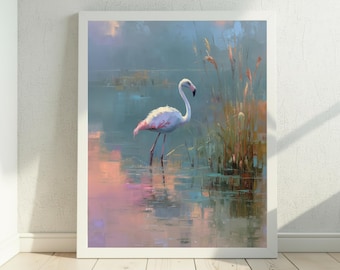 Flamingo Wall Art, Vintage Inspired Bird Art Print, Contemporary Wildlife Artwork, Fine Art Animal Painting, Digital Download