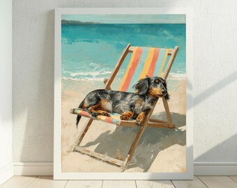 Sausage Dog Beach Wall Art, Digital Download, Dachshund Summer Art Print, Funny Dog Holiday Decor, Coastal Printable Art