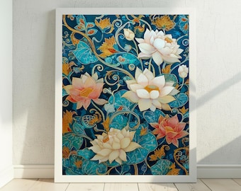 Asian Lotus Flower Wall Art, Teal Botanical Art Print, Oriental Floral Artwork, Bold Lotus Painting, Decorative Digital Download