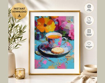 Afternoon Tea Wall Art, Colourful Tea Cup & Teapot Art Print, Bold Kitchen Artwork, Tea Lover Decor, Digital Download