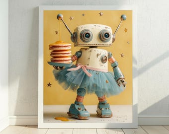 Pancake Wall Art, Fun Breakfast Art Print, Retro Kitchen Artwork, Yellow Kids Room Decor, Whimsical Food Art, Baking Art, Digital Download
