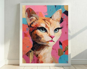 Glamorous Cat Wall Art, Colourful Cat Art Print, Dopamine Decor, Pink Artwork, Digital Download, Blue Eyes, Unimpressed Expression, Bold Art