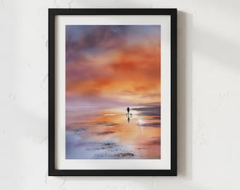Sunset Beach Wall Art, Coastal Landscape Print, Dog Walking Beach Artwork, Watercolour Seascape, Contemporary Art, Digital Download