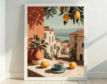 Italian Coastal Village Wall Art, Mediterranean Travel Print, Amalfi Style Lemon Art, Italian Seaside Artwork, Digital Download, Coffee Art