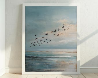 Seascape Wall Art, Birds Over Ocean Art Print, Coastal Landscape Artwork, Blue Ocean Painting, British Seaside Decor, Digital Download