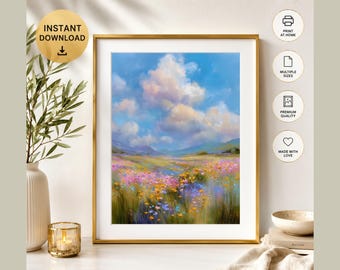 Wildflower Meadow Wall Art, Colourful Landscape Print, Contemporary Floral Artwork, Blue Sky Nature Decor, Digital Download, Floral Artwork