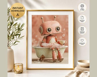 Bath Time Wall Art, Cute Robot Art, Little Robot Bathing Print, Funny Robot Artwork, Pastel Bathroom Decor, Digital Art, Bathroom Art