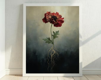 Wildflower Wall Art, Botanical Fine Art Print, Black Floral Artwork, Modern Surreal Art, Red Flower Digital Download