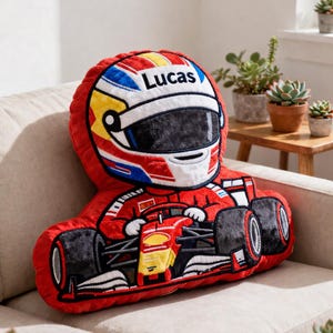 Personalized Chibi F1 Racer Shape Pillow, Custom Name Car Racing Cute Plush Pillow, Car Racing Lovers Throw Pillow, Gift For Boy