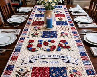 USA 250th Anniversary Freedom Flower Table Runner, America 250 Years Flag Tablecloth, 1776-2026 Patriotic Decor, 4th Of July Dining Decor