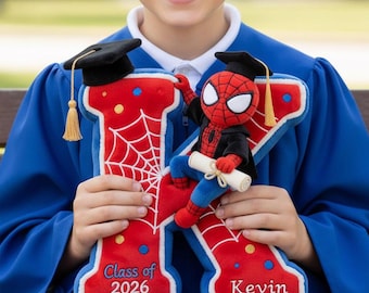 Personalized Spider Hero Graduation Letter Shape Pillow, Custom Name Graduation Kid Cute Plush Pillow, Superhero Lovers Pillow, Gift For Son