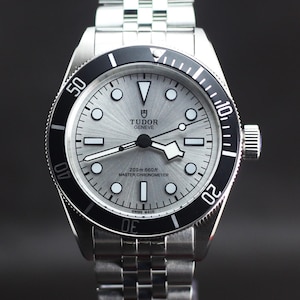 May include: A silver-toned wristwatch with a black bezel and a silver dial. The watch features a stainless steel band and a crown on the right side. The dial includes the text "TUDOR GENEVE" and "200m: 660ft MASTER CHRONOMETER".