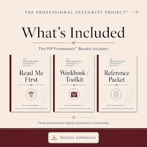 May include: A digital download graphic with the text "What's Included" and "The PIP Framework Bundle includes:" Three maroon-colored book covers are displayed, each with a title: "Read Me First", "Workbook/Toolkit", and "Reference Packet". The bottom reads "DIGITAL DOWNLOAD".