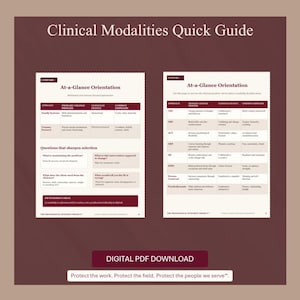 Peut inclure: Un guide rapide des modalités cliniques en téléchargement PDF numérique présentant deux pages blanches avec des en-têtes et du texte rouge foncé. Les pages contiennent des tableaux intitulés At-a-Glance Orientation, comparant des approches comme les systèmes familiaux, la TCC et la TCD avec des colonnes pour le processus, la posture et l'accent, ainsi que des questions pour affiner la sélection.