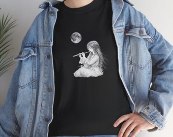 Girl Playing Flute Under Moon T-Shirt | Moonlit Music Tee