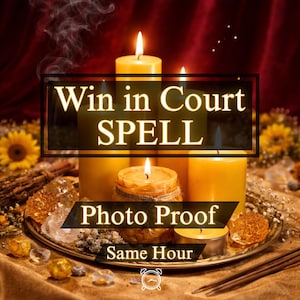 Puede incluir: Imagen de velas encendidas con el texto "Win in Court SPELL Photo Proof Same Hour". Las velas son amarillas y verdes, con humo. La escena incluye una bandeja con cristales y otros objetos.