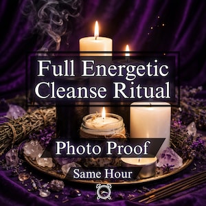 May include: A still-life arrangement featuring lit candles of varying sizes and colors, including a small candle in a glass jar. The image includes the text "Full Energetic Cleanse Ritual" and "Photo Proof". The background is a deep purple fabric.