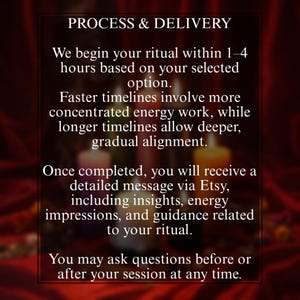 Puede incluir: Imagen con texto: "PROCESS & DELIVERY". El texto describe el proceso del ritual, incluyendo el cronograma, el trabajo energ&eacute;tico y un mensaje detallado a trav&eacute;s de Etsy. Tambi&eacute;n menciona ideas, impresiones energ&eacute;ticas y orientaci&oacute;n relacionada con el ritual.