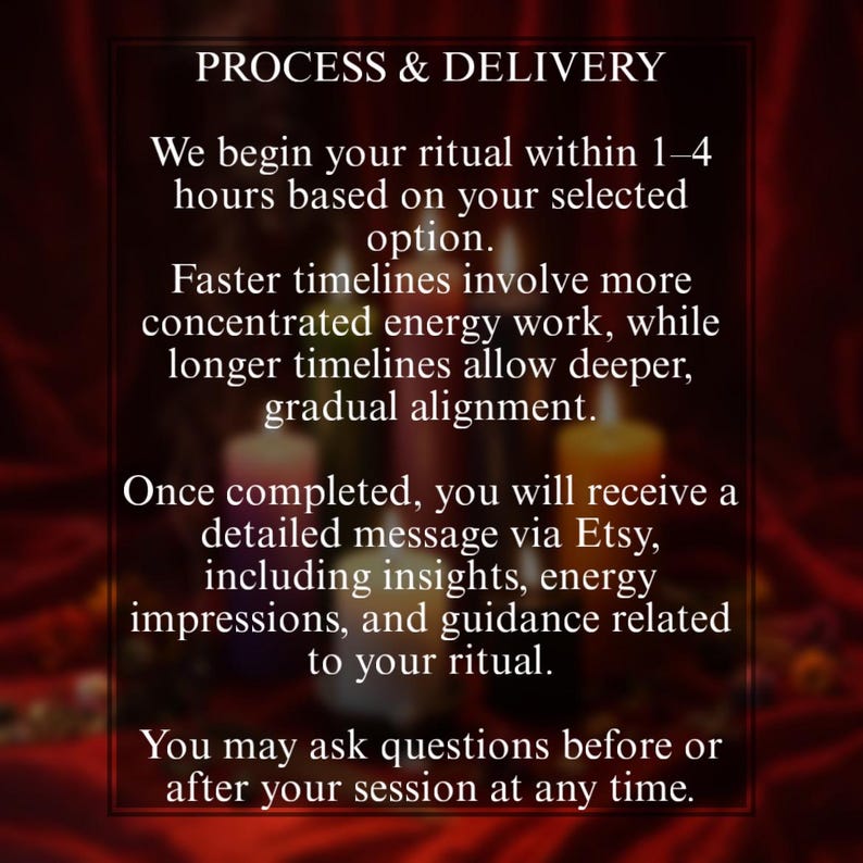 Puede incluir: Imagen con texto: "PROCESS & DELIVERY". El texto describe el proceso del ritual, incluyendo el cronograma, el trabajo energ&eacute;tico y un mensaje detallado a trav&eacute;s de Etsy. Tambi&eacute;n menciona ideas, impresiones energ&eacute;ticas y orientaci&oacute;n relacionada con el ritual.