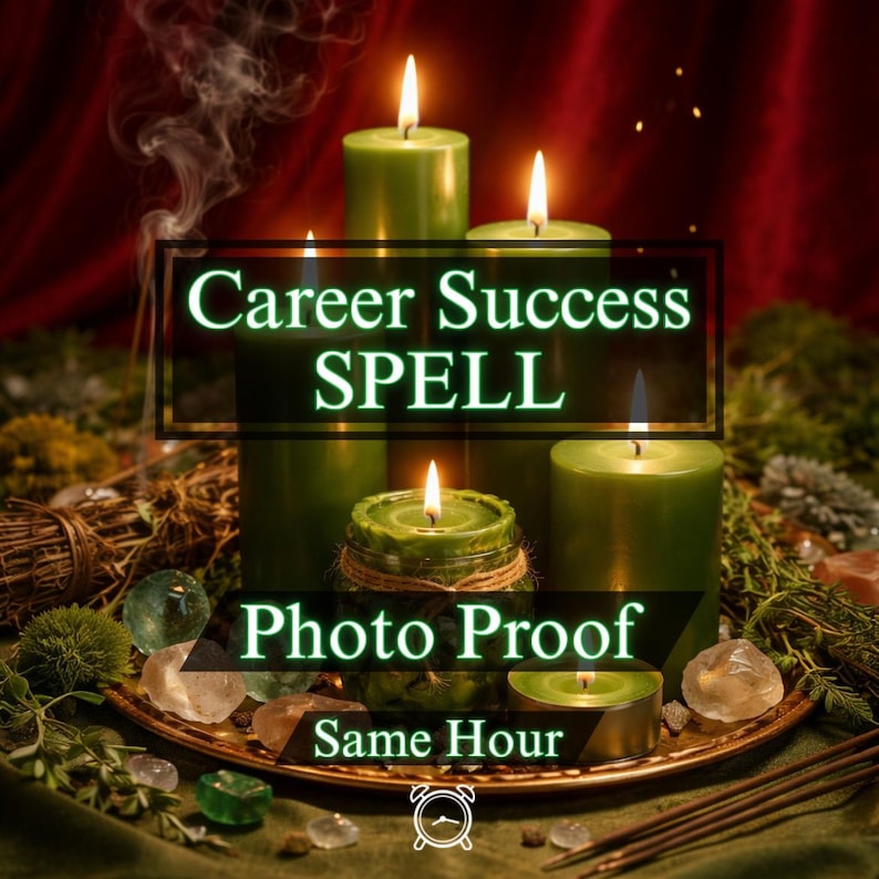 May include: An image of lit green candles with the text "Career Success SPELL", "Photo Proof", and "Same Hour". The candles are arranged on a decorative tray with crystals and greenery, with smoke rising in the background.