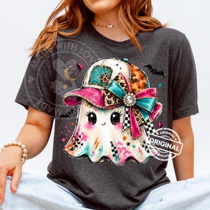 Preppy Ghost PNG, Halloween Coquette Leopard Bow, Cap Sublimation Design, Trendy Boutique Shirt Graphic