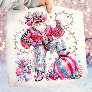 Pink Western Santa Christmas PNG, Glam Cowboy, Disco Holiday Sublimation Shirt Design, Digital Download